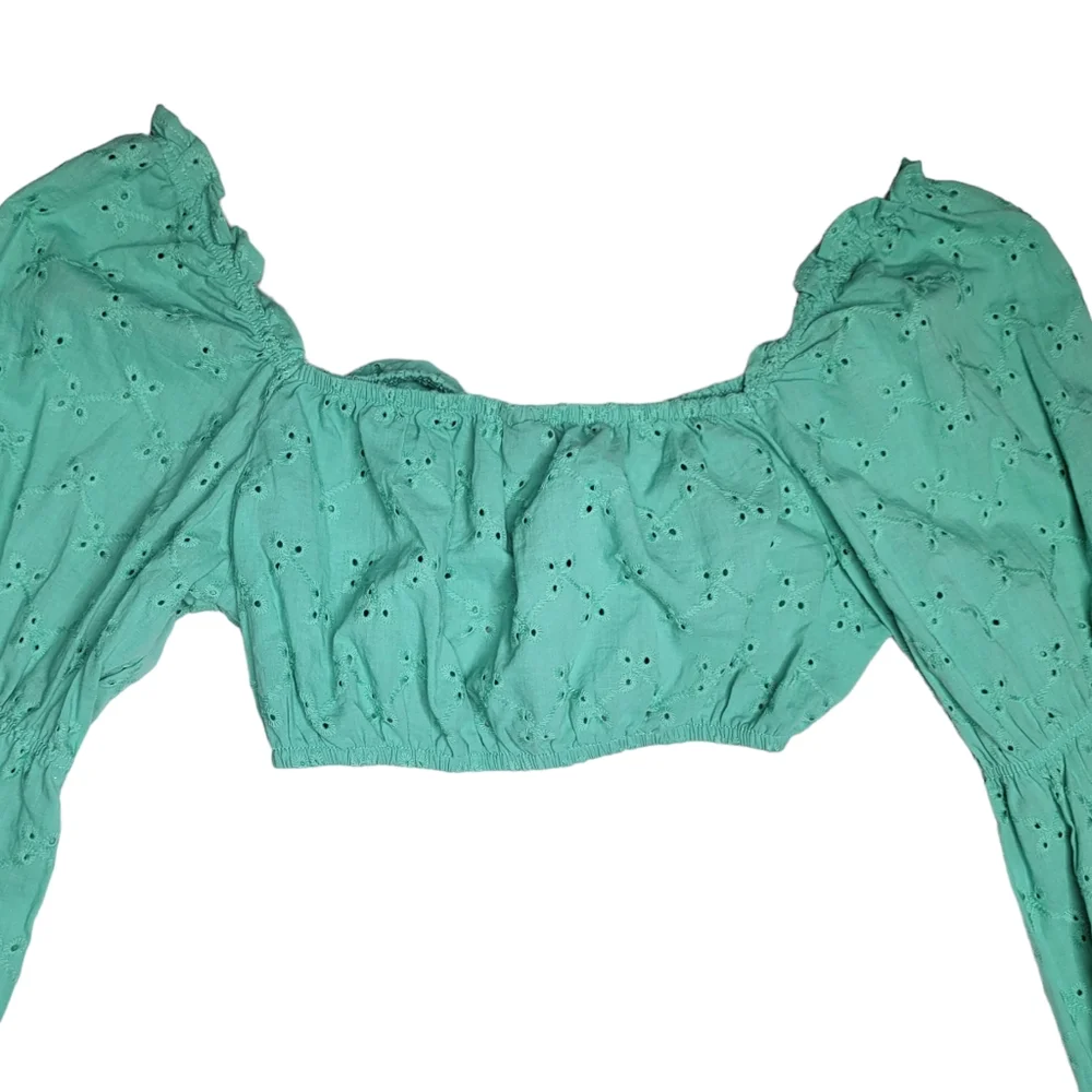NEW Wild Fable Medium Crop Top Long Sleeve Cotton Teal Green Eyelets